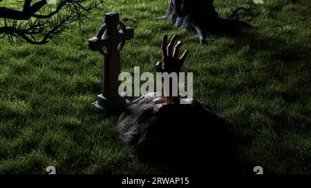 La mano di Halloween dei morti risorti dalla tomba nel cimitero, le croci tombali, gli zombie di notte. rendering 3d. Foto Stock