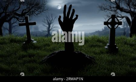 La mano di Halloween dei morti risorti dalla tomba nel cimitero, le croci tombali, gli zombie di notte. rendering 3d. Foto Stock