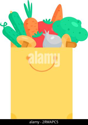 Sacchetto di carta riempito con cetrioli, carote e pomodori, broccoli, funghi e aglio profumato. Cibo fresco e salutare per cucinare il pranzo dietetico. Piatto Illustrazione Vettoriale