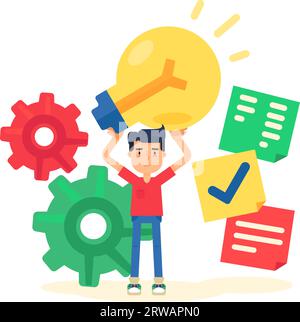 Un impiegato creativo tiene una lampada elettrica luminosa sopra la testa. Prendere decisioni difficili, raggiungere il successo, lavorare in modo efficace. Semplice concetto piatto ve Illustrazione Vettoriale