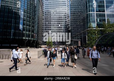 One Canada Square, nel cuore del quartiere finanziario di Canary Wharf il 15 agosto 2023 a Londra, Regno Unito. Canary Wharf è un'area situata vicino all'Isle of Dogs nel London Borough of Tower Hamlets ed è definita dalla Greater London Authority come parte del quartiere centrale degli affari di Londra. Insieme alla City of London, costituisce uno dei principali centri finanziari del Regno Unito e del mondo, contenente molti grattacieli tra cui il terzo più alto del Regno Unito, One Canada Square. Foto Stock