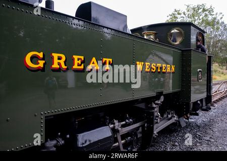 Treno della vale of Rheidol Railway dopo essere entrato alla stazione di Devils Bridge il 1 settembre 2023 a Pontarfynach vicino ad Aberystwyth, Regno Unito. La vale of Rheidol Railway è una ferrovia storica a scartamento ridotto situata a Ceredigion, Galles, che corre tra Aberystwyth e Devils Bridge; un viaggio di circa 12 miglia. È stata aperta nel 1902 e, dal ritiro del vapore della linea principale sulla British Rail nel 1968 fino alla privatizzazione nel 1989, è stata l'unica linea a vapore sulla rete nazionalizzata British Rail del 1948. Foto Stock