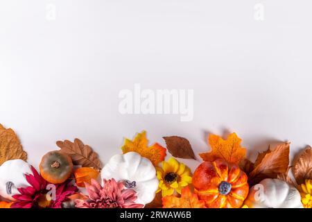 Vacanze autunnali e sconti. Biglietto di auguri per il giorno del Ringraziamento. Zucche multicolore, foglie autunnali e fiori, coni di ghianda, decorazioni bianche Foto Stock