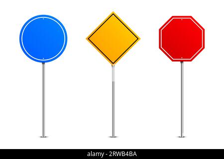 segnali stradali. pannelli blu, giallo e rosso con forma diversa su palo in metallo. Illustrazione vettoriale Illustrazione Vettoriale