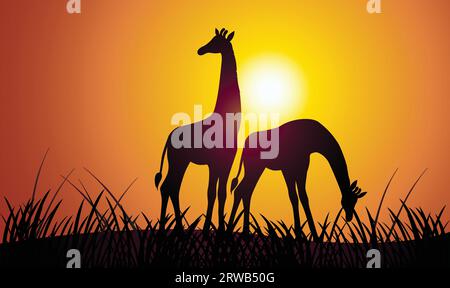 silhouette giraffa illustrazione vettoriale con sfondo pomeridiano Illustrazione Vettoriale