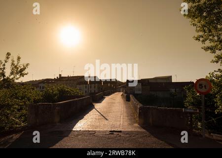 Europa, Spagna, Paesi Baschi, Arminon, l'Antico Ponte che porta la Calle El Puente Kalea attraverso il fiume Zadorra all'alba Foto Stock