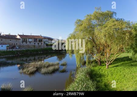 Europa, Spagna, Paesi Baschi, Arminon, vista sull'antico villaggio lungo le rive del fiume Zadorra Foto Stock