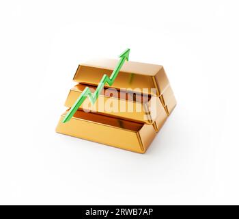 Vista ravvicinata delle barre d'oro con freccia crescente.illustrazione tridimensionale Foto Stock