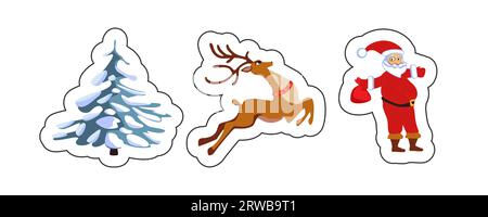 Set di adesivi sull'albero di Natale Babbo Natale, cervi. Babbo Natale agita le mani su una slitta con un cervo e un albero di Natale nella neve. Illustrazione vettoriale Illustrazione Vettoriale