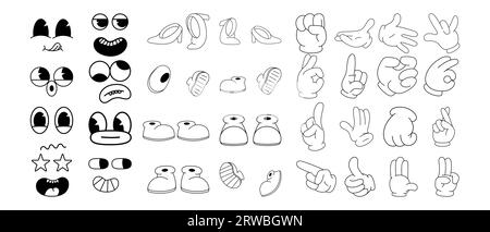 Collezione di visi, piedi e mani in stile cartoni animati retrò alla moda. Mascotte tradizionale piede, braccio, emozioni. Illustrazione isolata. Illustrazione Vettoriale