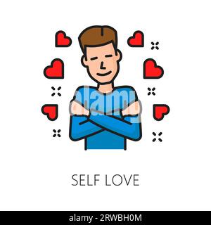 Amore di sé disturbo psicologico problema, salute mentale icona. Linea sottile vettoriale isolata simbolo di un uomo che abbraccia e ama se stesso, promuovendo la cura di sé, l'accettazione di sé e l'auto-empowerment Illustrazione Vettoriale