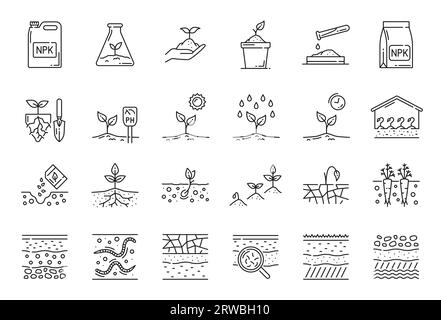 Icone relative al suolo, all'agricoltura e alle linee di agronomia. Germogli di piante vettoriali e piantine, ortaggi da radice e semi in seminativo, serra e campo agricolo segni isolati con acqua, sole e fertilizzante Illustrazione Vettoriale