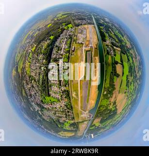 Vista aerea, città d'acqua di Aden presso il canale Datteln-Hamm, area di costruzione per il quartiere urbano pianificato, globo, fisheye shot, foto a 360 gradi, mondo minuscolo, Ober Foto Stock