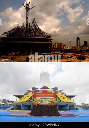 (230918) -- NANNING, 18 settembre 2023 (Xinhua) -- questa foto combinata mostra il cantiere del Nanning International Conference and Exhibition Center (in alto, foto scattata dal fotografo di Xinhua Liu Guangming il 7 maggio 2003) e una vista del Nanning International Conference and Exhibition Center (di seguito, foto scattata dal fotografo Xinhua Lu Boan il 17 settembre 2023) a Nanning, nella regione autonoma del Guangxi Zhuang nel sud della Cina. Dal 16 al 19 settembre si terrà a Nanning la 20esima Expo Cina-ASEAN, con quasi 2.000 imprese presenti. Dal primo Expo Cina-ASEAN si è tenuta nel 2004, l'evento si è tenuto a Nanning Foto Stock