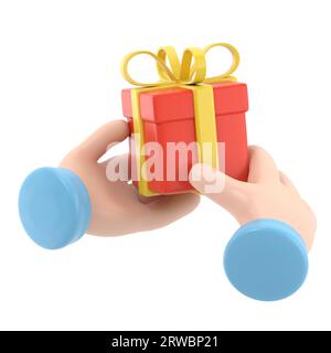 Mockup icona gesto cartoni animati. rendering 3d. Clip art natalizie isolate su sfondo bianco. le mani reggono la confezione regalo con fiocco dorato. Icona sociale di Natale Foto Stock