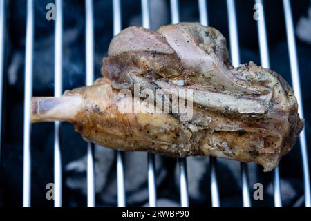 Codolo di agnello grigliato al carbone con bulgur e crema all'aglio Foto Stock