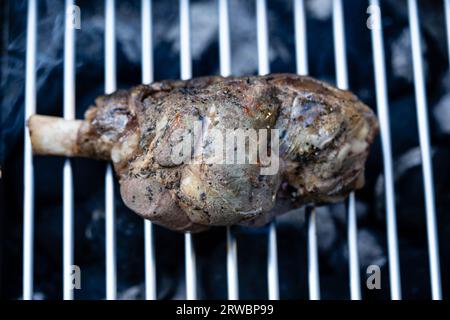 Codolo di agnello grigliato al carbone con bulgur e crema all'aglio Foto Stock