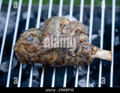 Codolo di agnello grigliato al carbone con bulgur e crema all'aglio Foto Stock
