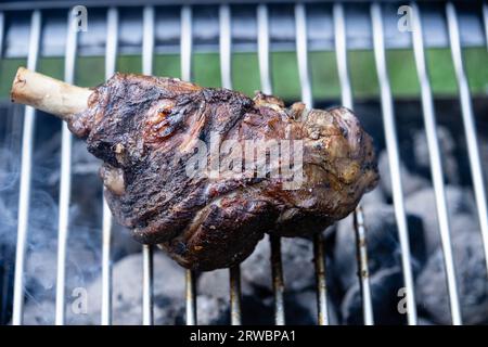 Codolo di agnello grigliato al carbone con bulgur e crema all'aglio Foto Stock
