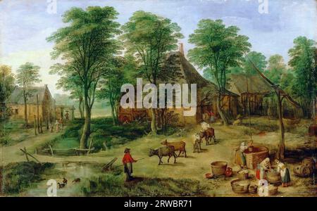 Jan Brueghel il giovane; precedentemente attribuito a Paul Bril -- Farmyard (Cour de ferme) 46х75, Foto Stock