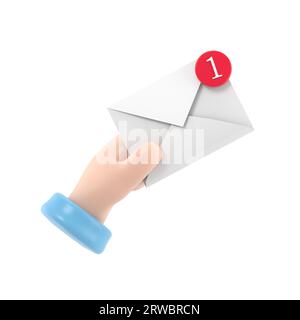 Informazioni sul messaggio ricevuto. Nuovo, messaggio in arrivo e-mail, sms. Servizio di consegna della posta. Busta in mano. ricevi posta. Rendering 3D su sfondo bianco. Foto Stock