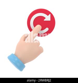 Concetto di riavvio. Riavvio della tecnologia. Mano per premere il grande pulsante rosso. Illustrazione 3d disegno piatto.rendering 3D su sfondo bianco. Foto Stock