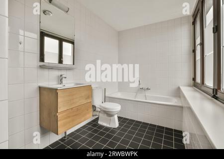 Interno del bagno privato con vasca e ciotola del WC accanto al lavandino in ceramica nella casa moderna Foto Stock