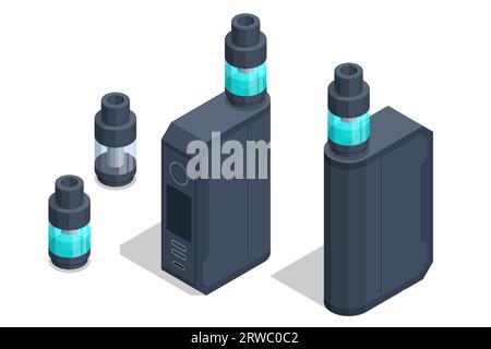 Fumo, vaping e nicotina moderni isometrici. Ricariche di sigaretta elettronica. Liquidi per dispositivi di vaporizzazione Illustrazione Vettoriale