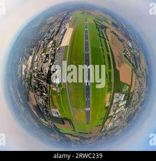 Foto aerea, aeroporto di Dortmund, pista, globo, fisheye shot, scatto a 360 gradi, Tiny World, Wickede, Dortmund, zona della Ruhr, Renania settentrionale-Vestfalia, tedesco Foto Stock