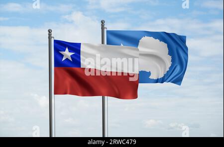 Bandiera del Cile e bandiera dell'Antartide che sventolano insieme nel vento sul cielo blu Foto Stock