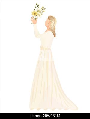 Sposa con bouquet fiori icona. Donna disegnata a mano in costume bianco. Grafica per matrimoni Foto Stock