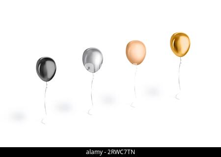 Mockup volante con palloncino rotondo bianco nero, argento e oro, isolato, rendering 3D. Palloncini vuoti con sfera volante e nastro per un party mock-up. Cancella dentro Foto Stock