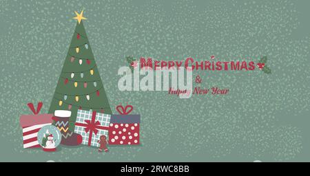 Grazioso biglietto d'auguri natalizio con albero di Natale e regali su sfondo verde testurizzato Illustrazione Vettoriale