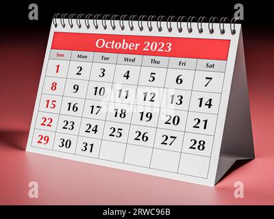 Ottobre 2023. Una pagina del calendario mensile annuale del business desk. rendering 3d. Foto Stock