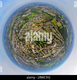 Vista aerea, vista sulla città Hamm-Süd, cantiere edile e nuova area residenziale Auf dem Beisenkamp, globo, fisheye shot, foto a 360 gradi, Tiny Wo Foto Stock