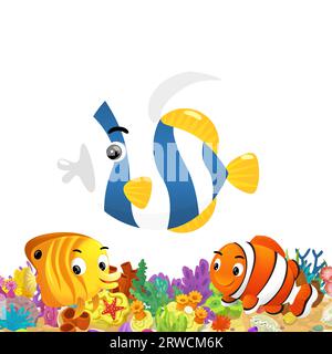 scena di cartoni animati con barriera corallina e pesci felici che nuotano vicino a un'illustrazione isolata per i bambini Foto Stock