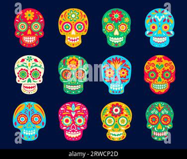 Teschi messicani di calavera di zucchero per le vacanze messicane dia de Los Muertos, decorazioni vettoriali. Celebrazione del giorno della festa dei morti simboli del cranio di calavera con ornamenti floreali etnici messicani o motivo huichol Illustrazione Vettoriale