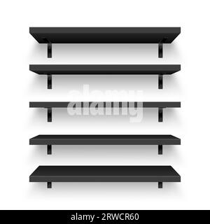 Scaffali neri realistici con montaggio a parete. Scaffale vuoto del prodotto, scaffale a parete della drogheria. Negozi e supermercati, mobili, libreria. Interni moderni Illustrazione Vettoriale