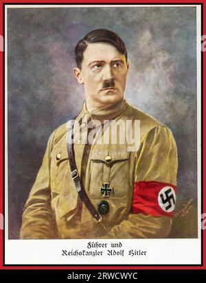 1930 Adolf Hitler Ritratto in uniforme NSDAP con fascia da braccio Swastika come Fuhrer e Reichschancellor (REICHSKANZLER) della Germania nazista Foto Stock