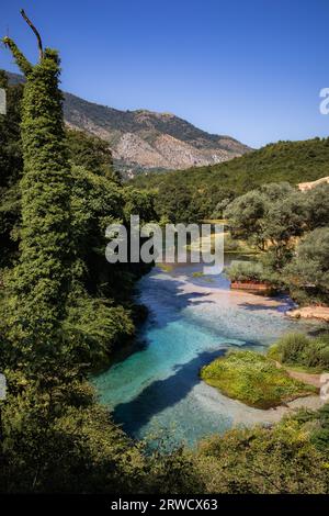 Paesaggio verticale dell'occhio blu in Albania durante il giorno d'estate. Splendida vista di Syri i Kaltër nella natura albanese. Blue Water con paesaggio di Green Tree. Foto Stock