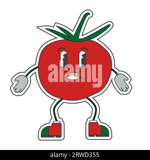 Personaggio Groovy cute Tomato isolato su sfondo bianco Illustrazione Vettoriale