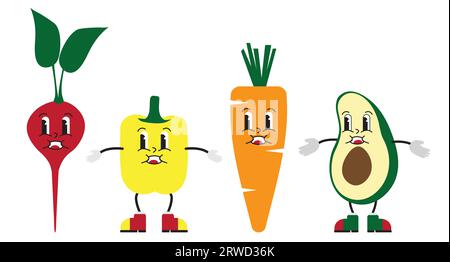 Groovy cute Vegetable Set di personaggi Radish, Paprika, carota, avocado isolati su sfondo bianco Illustrazione Vettoriale