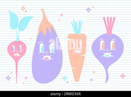 Groovy cute Vegetable Set di personaggi Radish, barbabietole, melanzane e carote su sfondo notebook Illustrazione Vettoriale