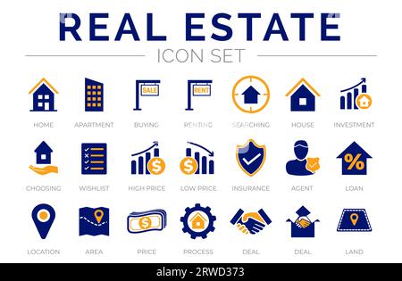 Set icona Blue Orange Real Estate di Casa, Casa, Appartamento, acquisto, affitto, ricerca, investimento, scelta, Lista dei desideri, prezzo basso alto, proprietario, Insuran Illustrazione Vettoriale