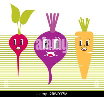 Groovy cute Vegetable Set di Radish, barbabietole e carote isolati Illustrazione Vettoriale