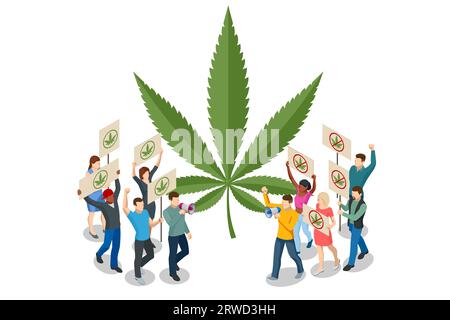 Gli attivisti isometrici si radunano a favore e contro la legalizzazione della marijuana a fini medicinali. Medicina alternativa a base di erbe, olio di cbd, farmaceutico Illustrazione Vettoriale