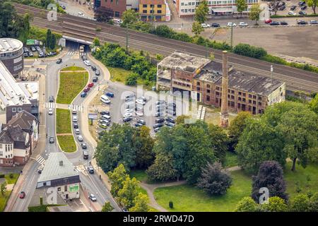 Veduta aerea, uftbild, Gebr.-Kerkmann-Platz, edificio di demolizione ex fabbrica di amido Hundhausen, Ahlen, zona della Ruhr, Renania settentrionale-Vestfalia, Germania, D Foto Stock