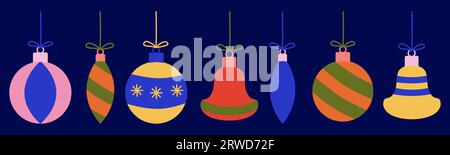 Set di giocattoli per la decorazione dell'albero di Natale, appesi alla corda, elemento di design per le vacanze invernali, illustrazione vettoriale Illustrazione Vettoriale