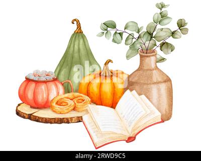 Composizione autunnale con zucche, eucalipto, cacao e libro. Atmosfera autunnale, casa accogliente, giorno del Ringraziamento, festival del raccolto. Acquerello disegnato a mano per poster Foto Stock