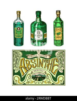 Bottiglia di vetro di Assenzio. Donna che tiene un brindisi. Distilleria di rame Pot Swan a collo per la produzione di alcol. Etichetta per poster Illustrazione Vettoriale